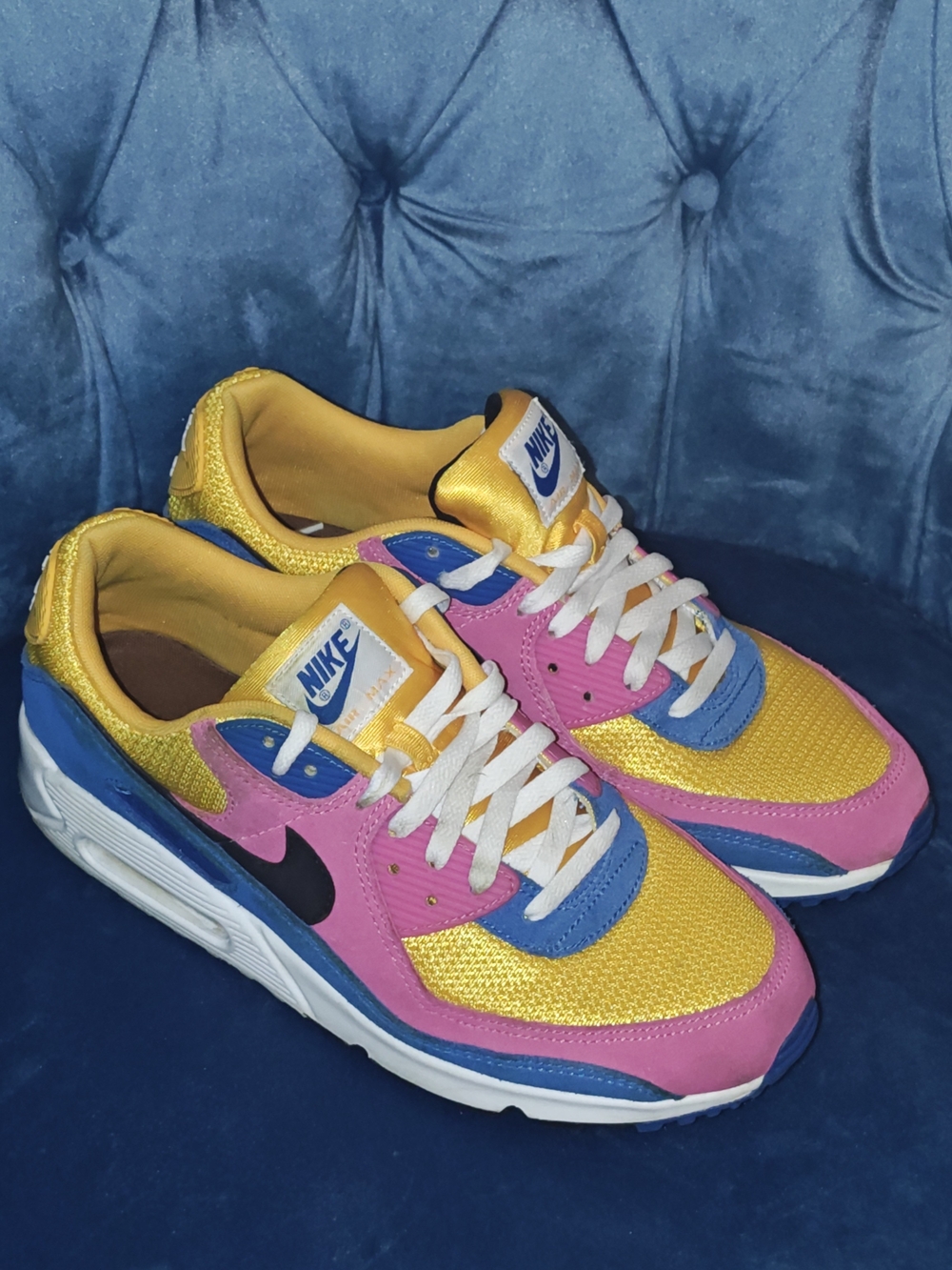 Nike Air Max 90 Multicolor Colorblock Low-Top Sneakers — Pink, Yellow & Blue - Picture 2 of 6